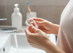 Woman cleaning Invisalign aligner in bathroom
